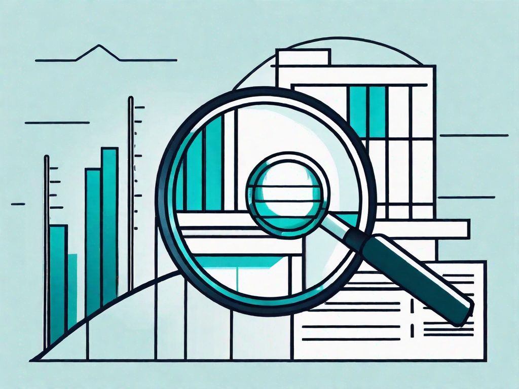 A magnifying glass hovering over a bar graph and pie chart