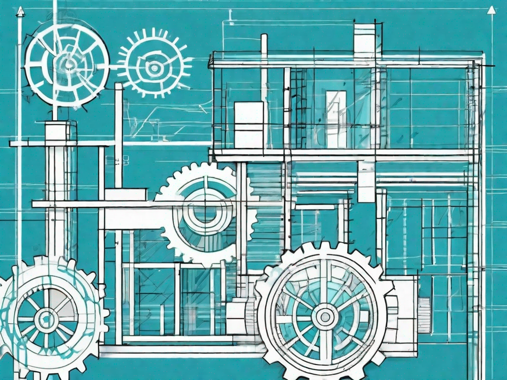 A construction blueprint with symbolic elements like gears and arrows