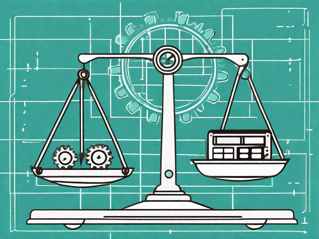 A balanced scale with accounting tools like a calculator and ledger on one side and gears symbolizing optimization on the other