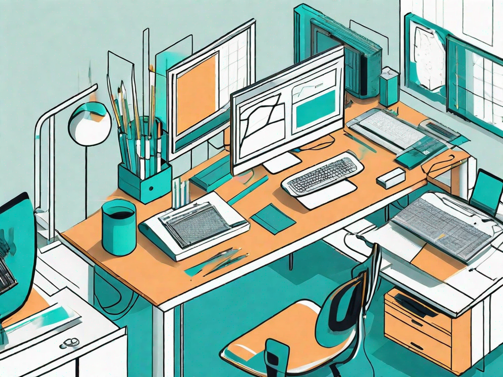 A design studio environment with various tools like pencils