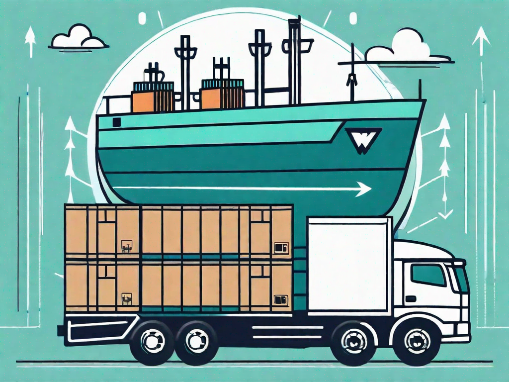 A transportation truck and a cargo ship with arrows around them