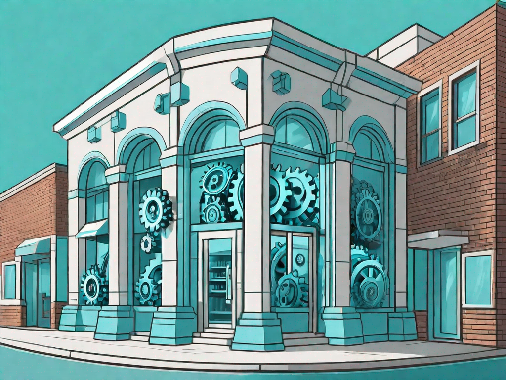 A traditional brick-and-mortar store with gears and cogs integrated into the building structure