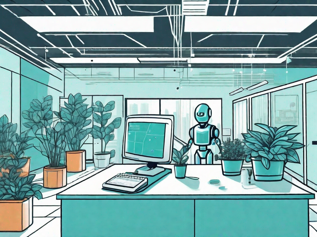 A startup office environment with various automated machines performing tasks