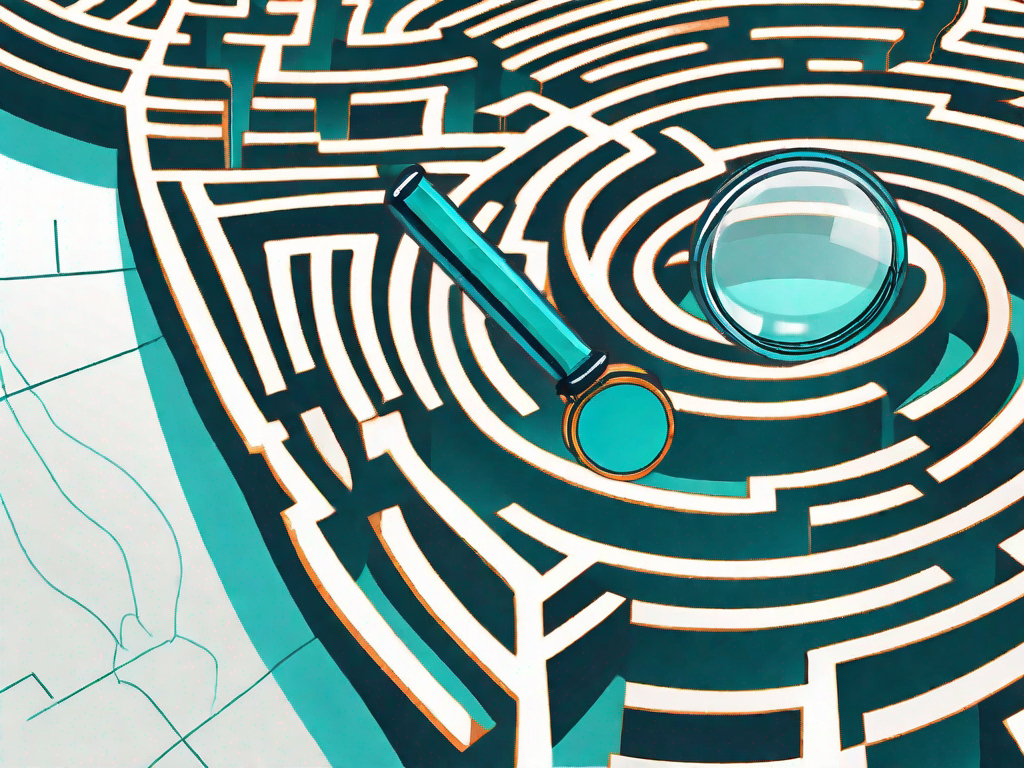 A magnifying glass hovering over a complex maze