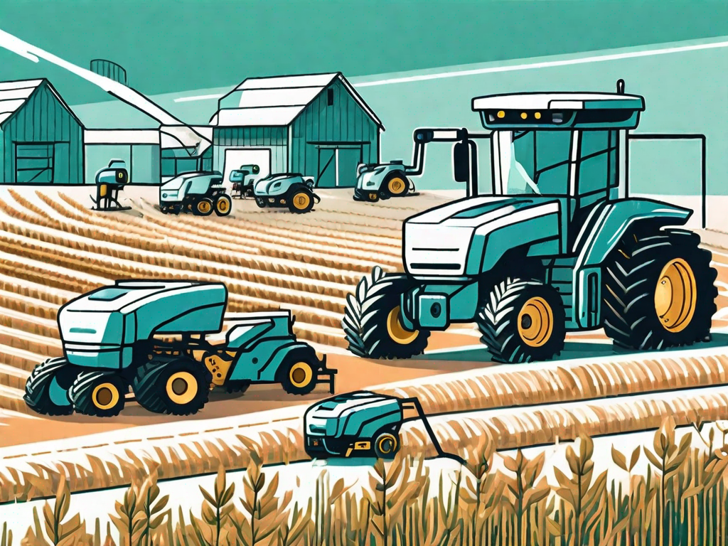 A modern farm scene with various automated machines like drones and robotic harvesters performing tasks in the field