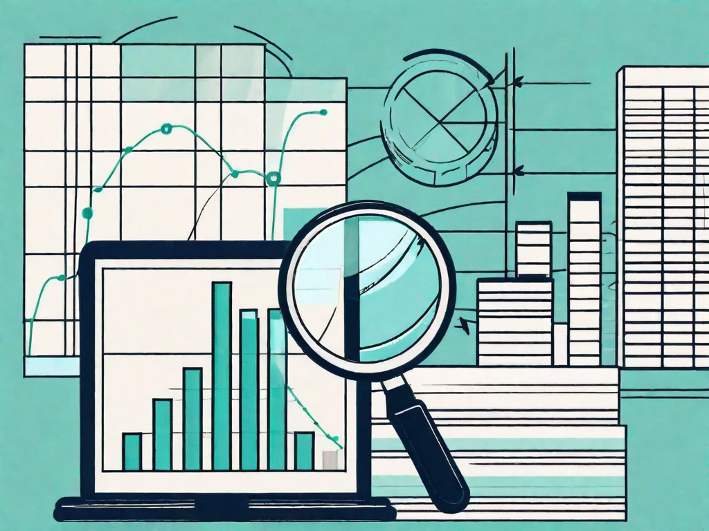 A magnifying glass hovering over a pie chart and bar graph