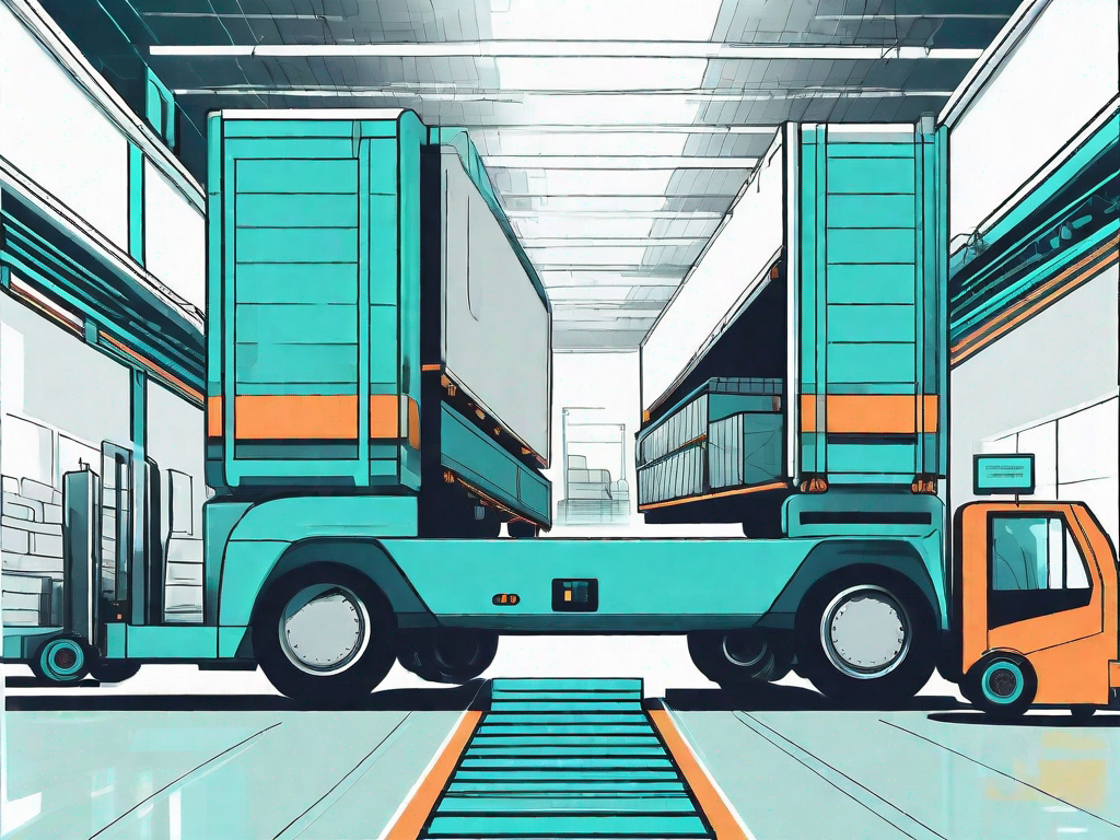 A futuristic transportation truck seamlessly interacting with an automated conveyor belt in a warehouse