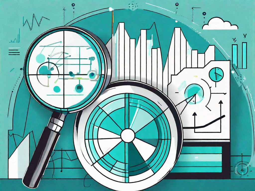 A magnifying glass hovering over a business chart with various analytical icons like pie charts and bar graphs