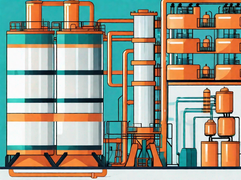 An energy plant with visible storage tanks and a digital interface overlay showcasing inventory management metrics