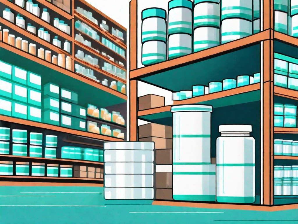 Various pharmaceutical products organized on shelves inside a warehouse