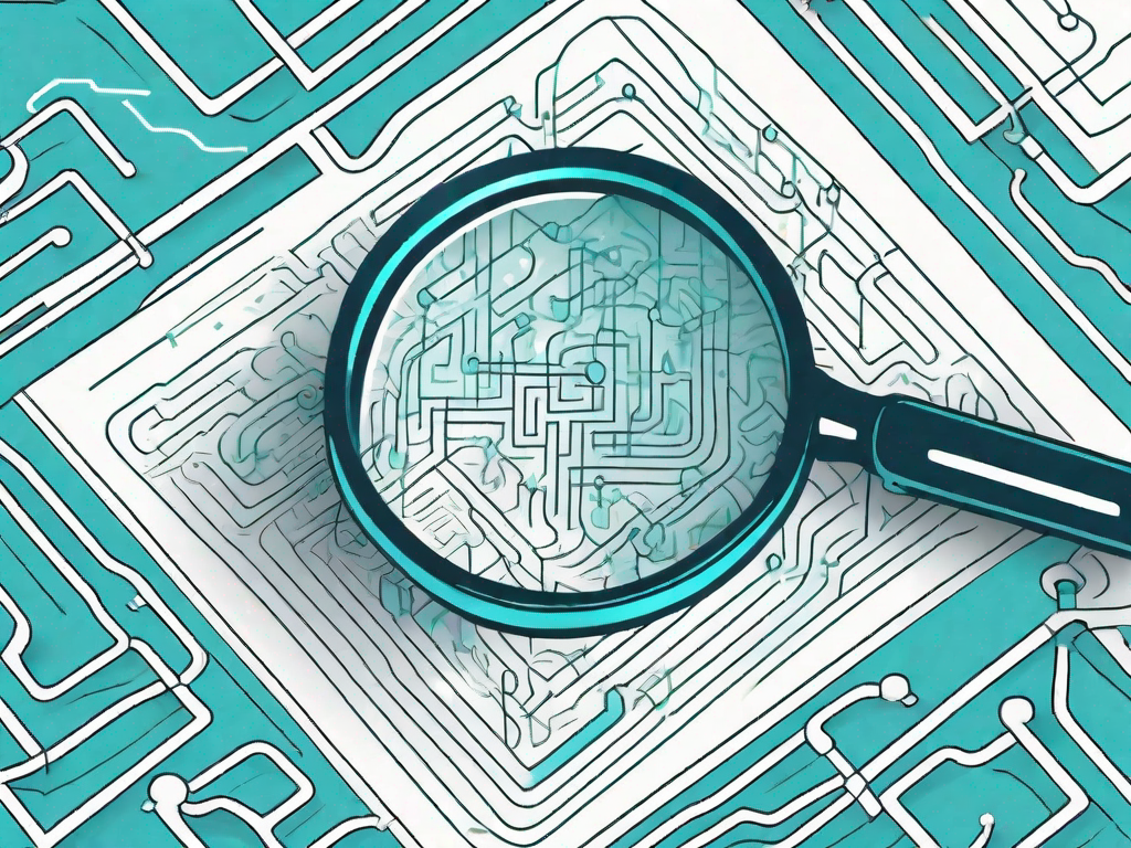 A magnifying glass focusing on a complex flowchart or a maze-like diagram