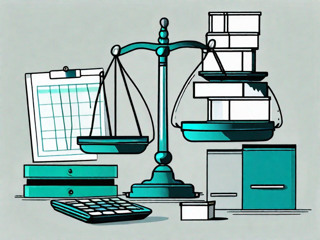 A balanced scale with an accounting ledger on one side and a variety of inventory items like boxes