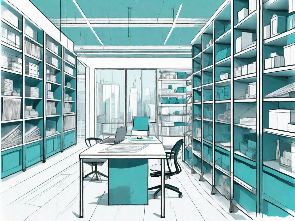 An architectural firm's office with visible shelves filled with organized blueprints