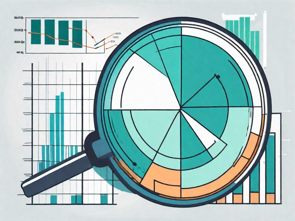 A magnifying glass hovering over a pie chart and bar graph