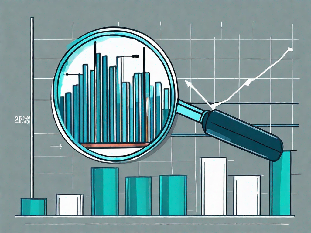 A magnifying glass hovering over a pie chart and bar graph