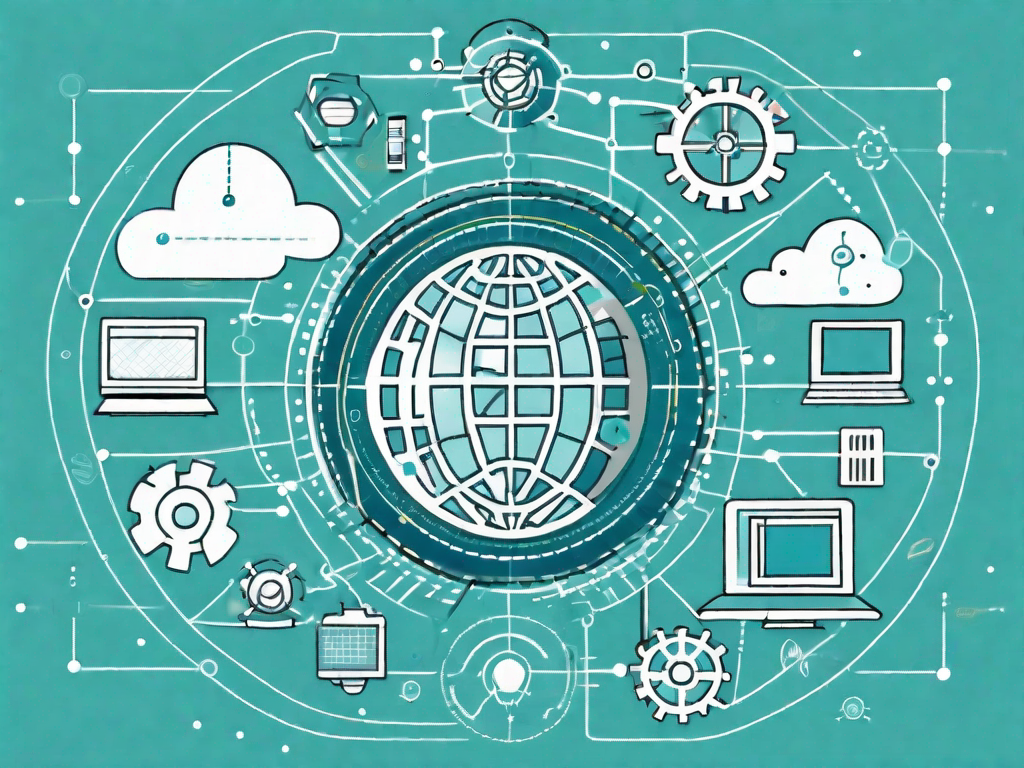 A globe with various technology icons (like gears