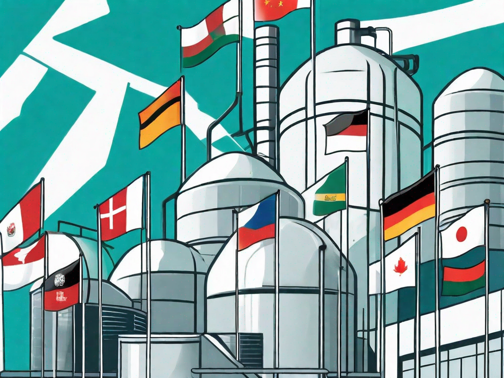 A food and beverage factory with various international flags