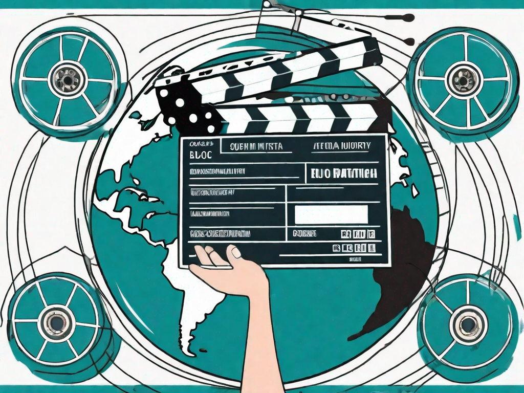 A film reel and a clapperboard being passed from one globe to another