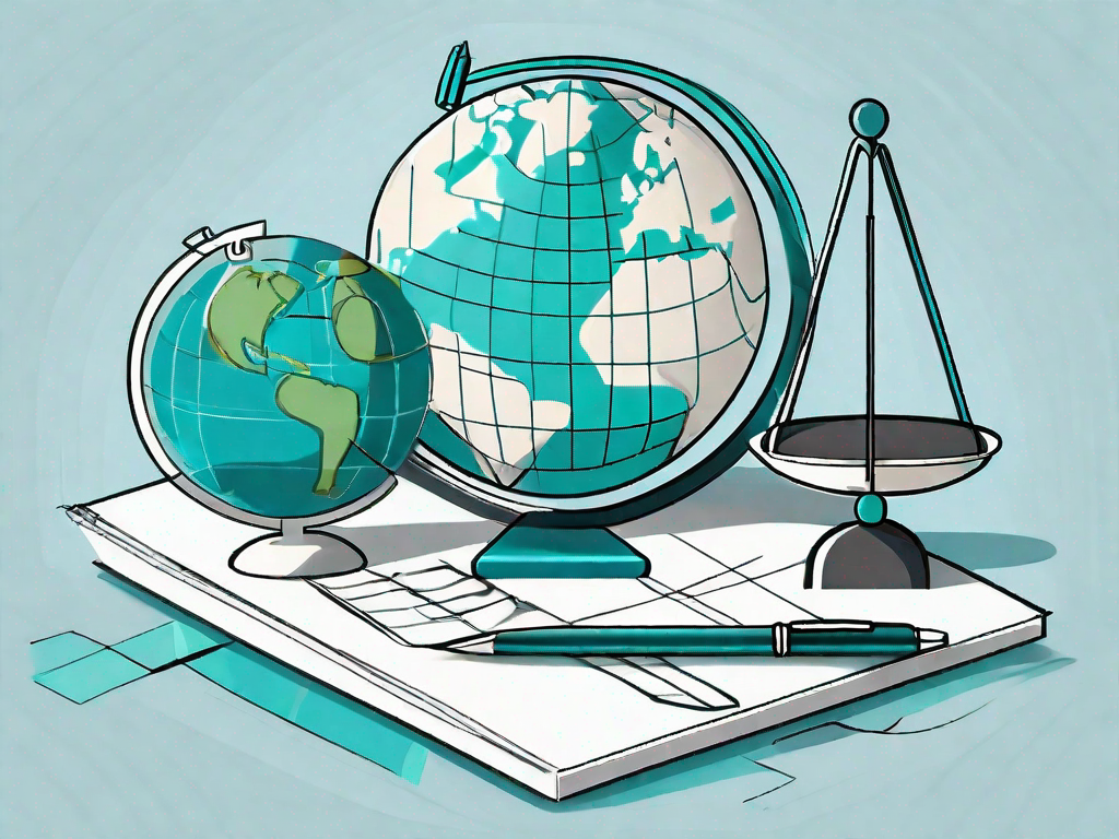 A balanced scale with accounting tools like a calculator