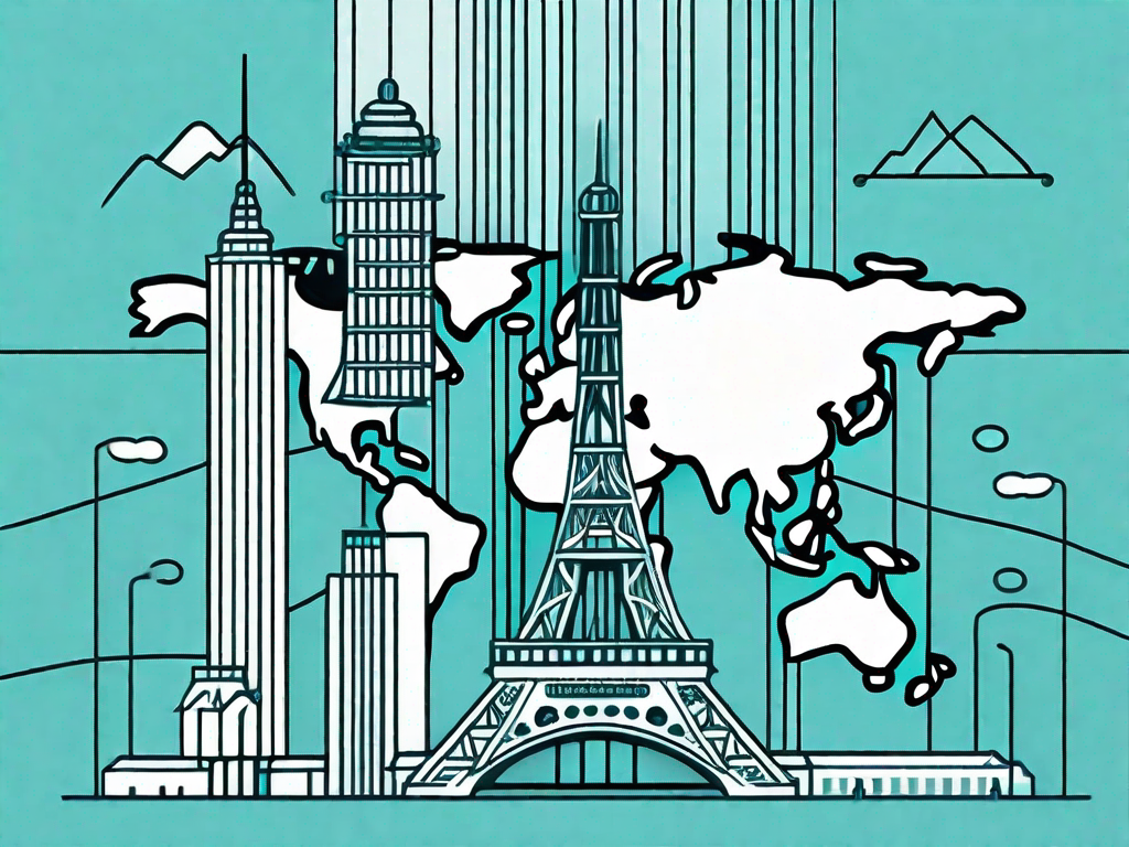 A marketing agency building being connected to various international landmarks (like the eiffel tower