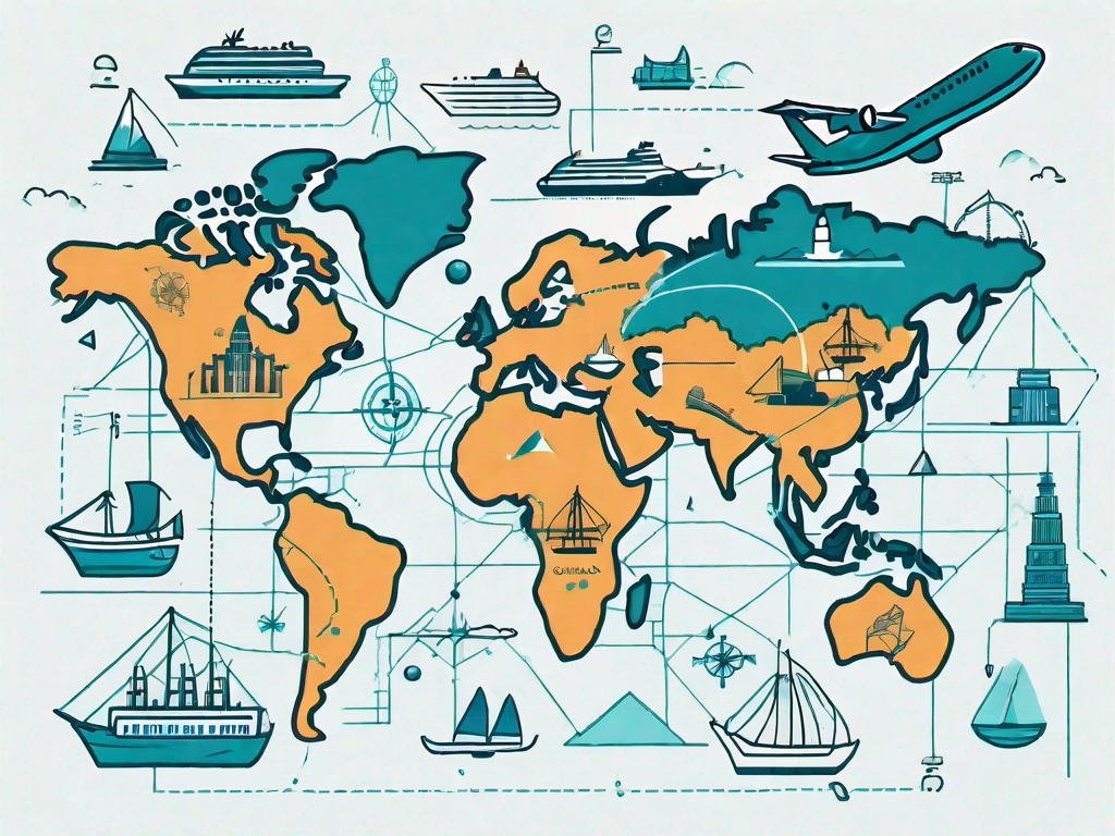 A global map with various travel icons like an airplane