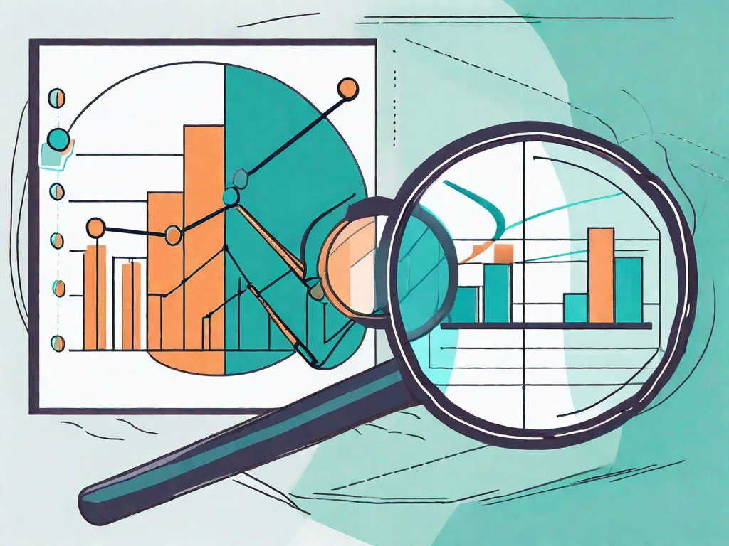 A magnifying glass hovering over a 3d pie chart and bar graph