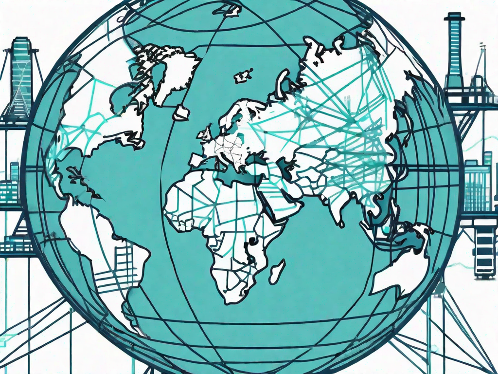 A globe with different industrial buildings representing various sectors