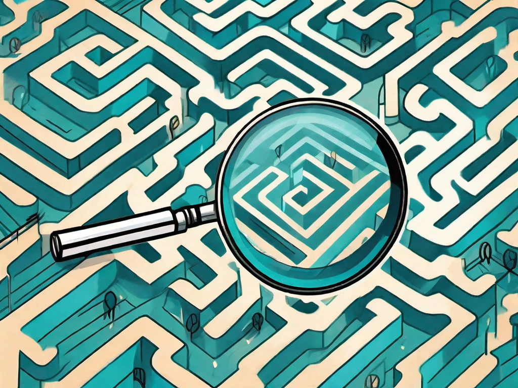 A magnifying glass hovering over a complex maze