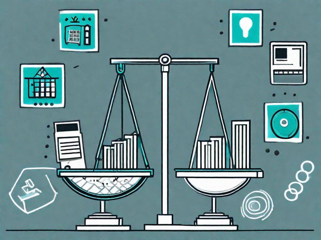 A balance scale with one side holding symbolic items representing sales (like a cash register or shopping cart) and the other side holding marketing symbols (like a megaphone or target)