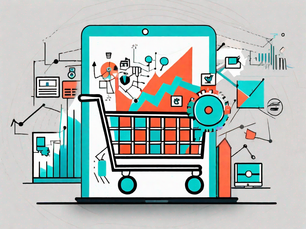 A shopping cart filled with various digital marketing tools like a megaphone