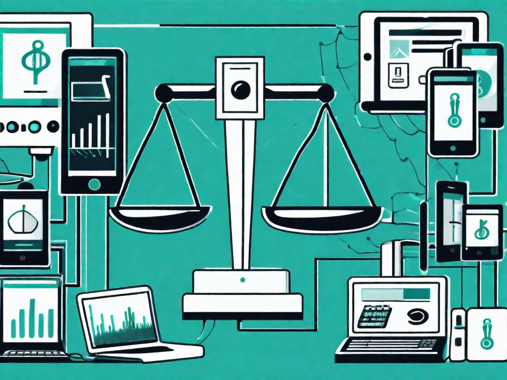 A balanced scale with one side holding a symbol for sales (like a cash register) and the other side holding a symbol for marketing (like a megaphone)