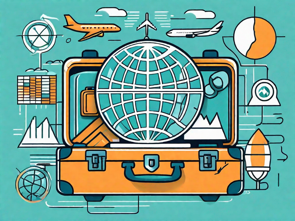 A globe surrounded by various travel-related icons such as an airplane