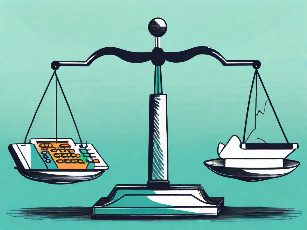 A balance scale with one side holding accounting tools like a calculator and ledger