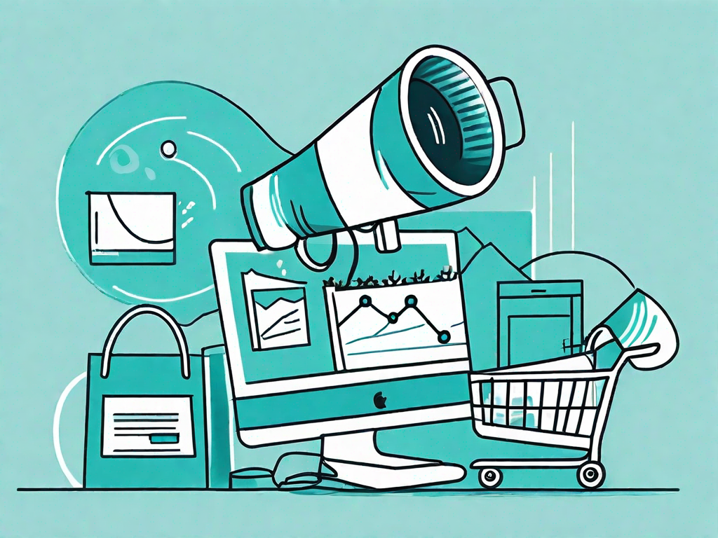 A marketing funnel with various stages represented by different marketing tools like a magnifying glass