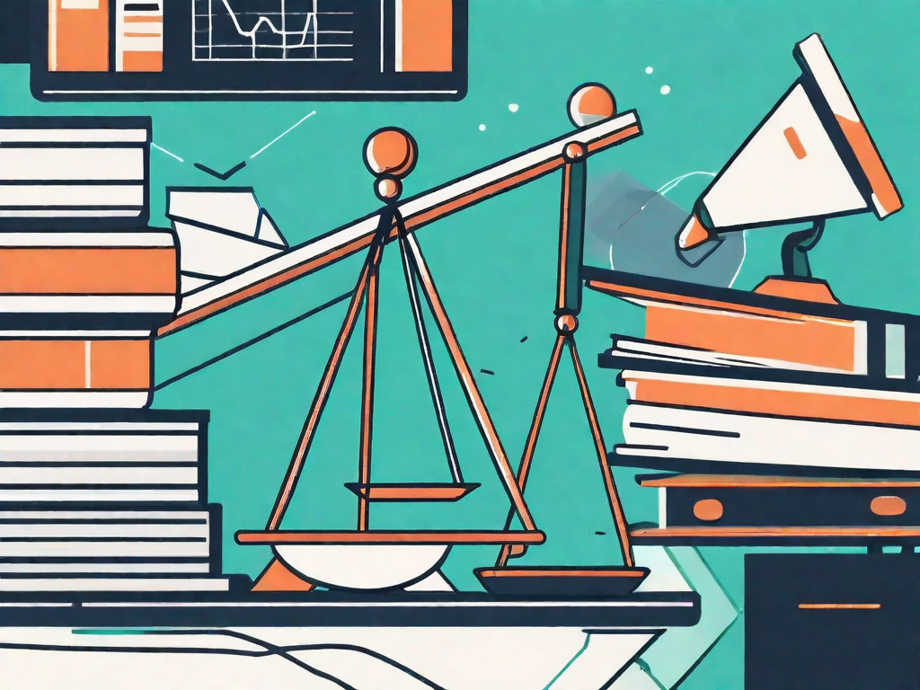 A balanced scale with law books on one side and marketing tools like a megaphone