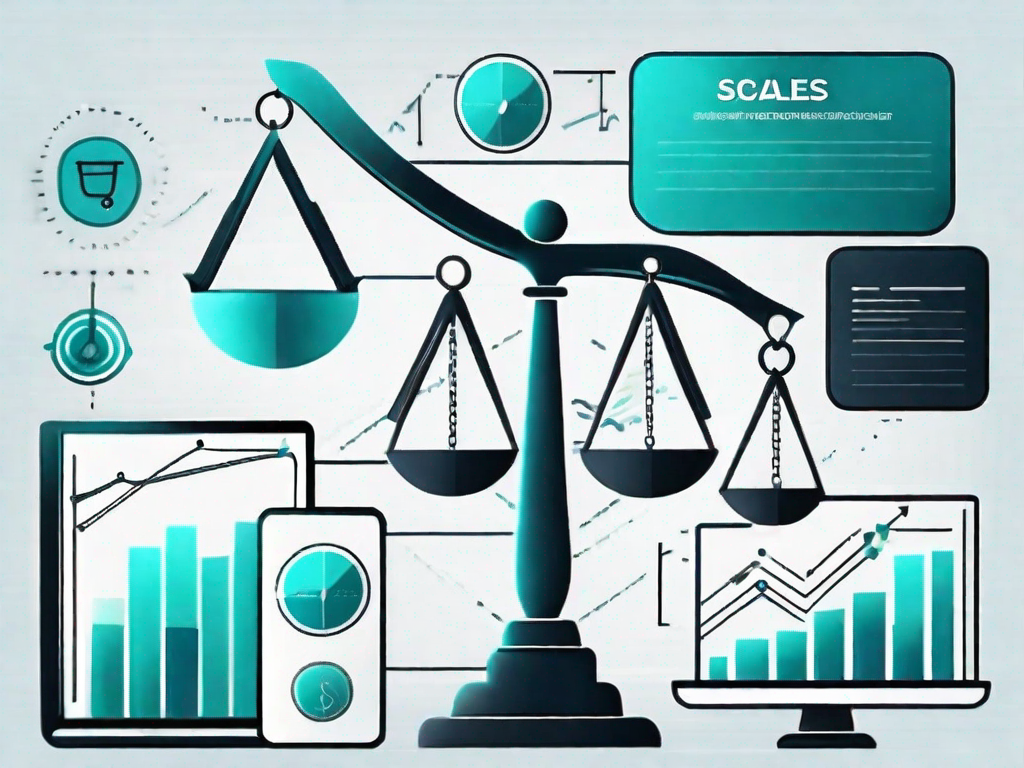 A balanced scale with symbolic icons of sales and marketing tools on each side