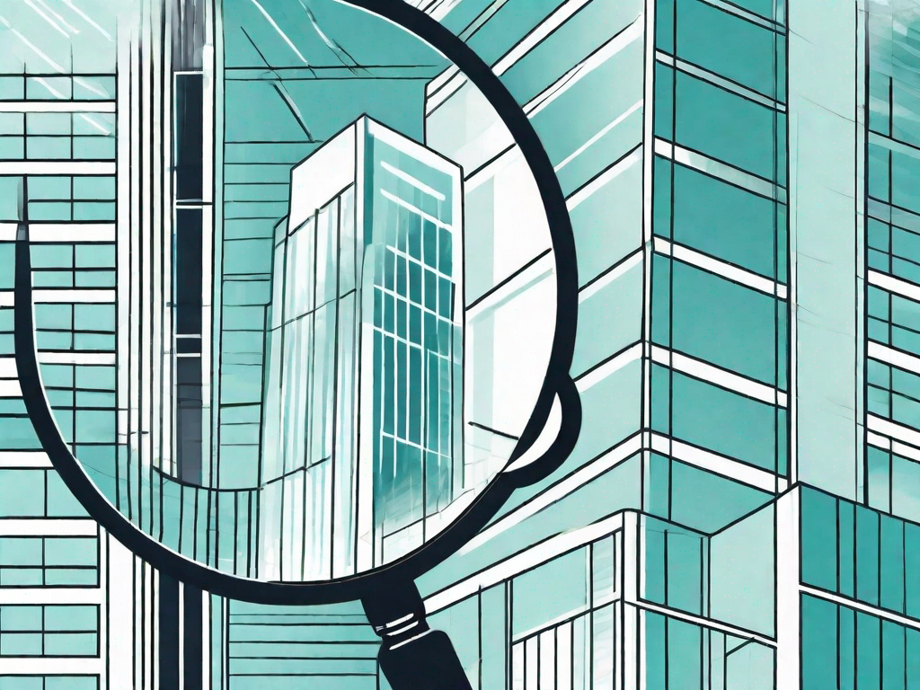 A magnifying glass hovering over a symbolic representation of a business (like a building or a factory)