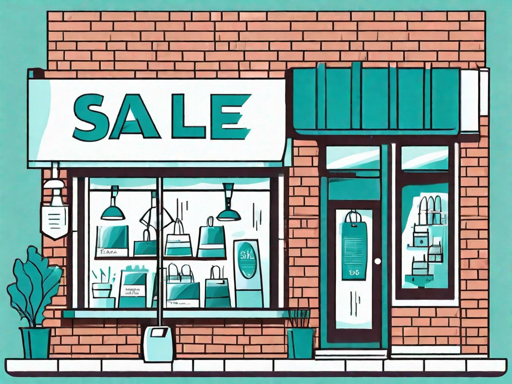 A traditional brick-and-mortar store with symbolic elements like a sales tag and a marketing megaphone to represent sales and marketing strategies