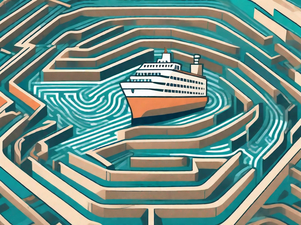 A large ship navigating through a complex maze-like ocean