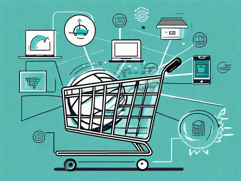 A shopping cart navigating through a cycle of different e-commerce stages such as product selection