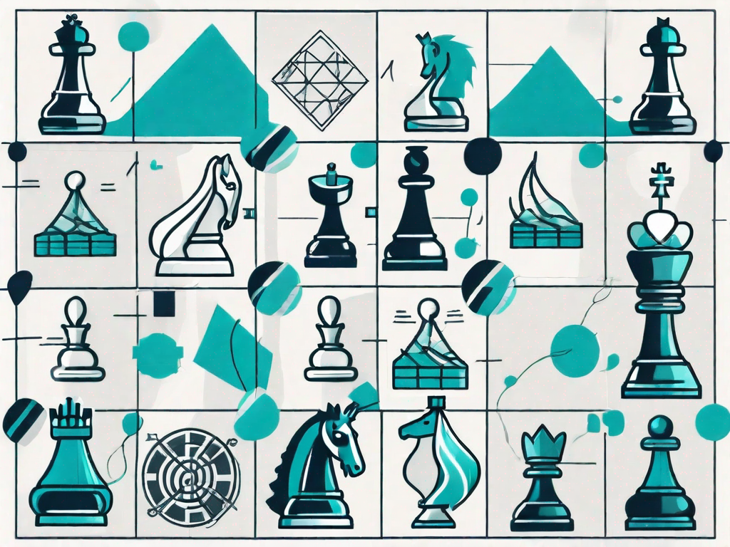 A chessboard with various business-related icons like graphs