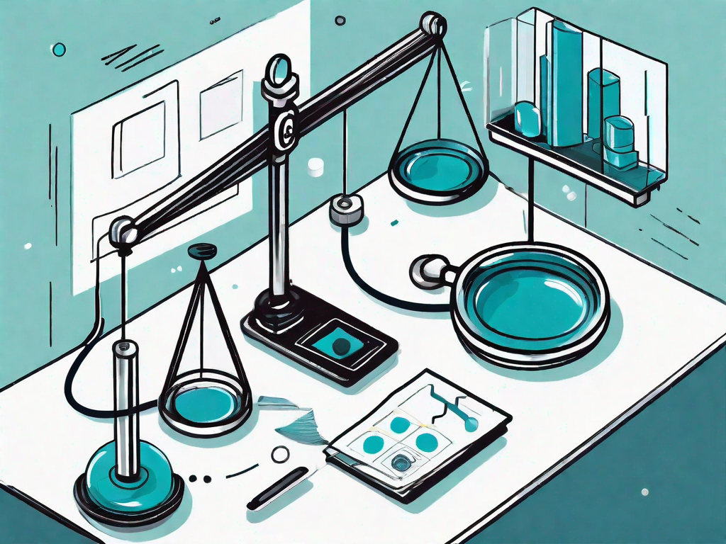 A balanced scale with various business icons on one side representing change control