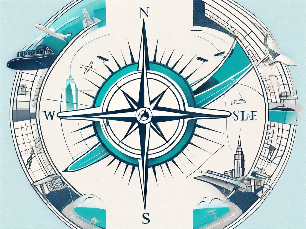 A compass superimposed on a circular path with various tourism symbols like an airplane