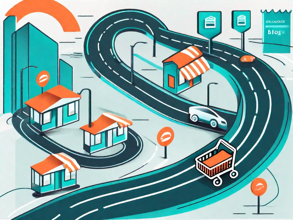 A winding road or cycle with various symbols representing different stages of the sales process