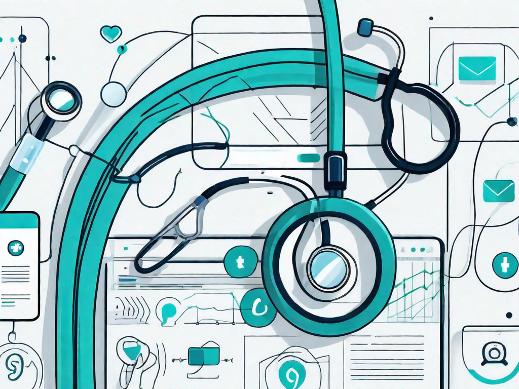 A stethoscope intertwined with digital icons such as email