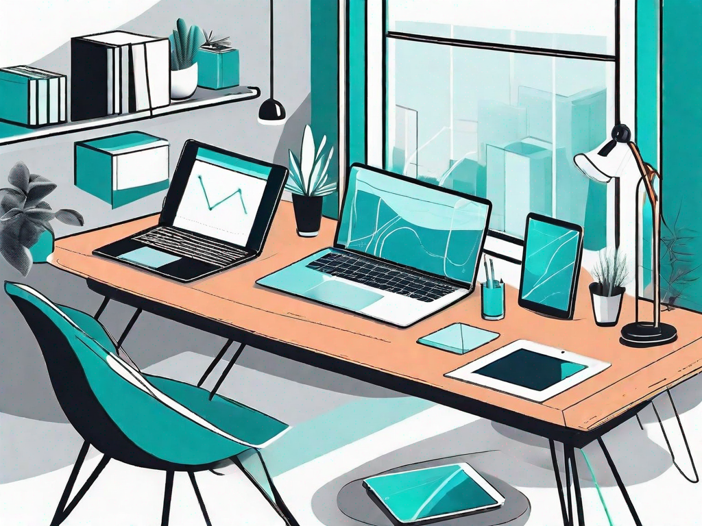 A modern interior design space with various digital devices like a laptop