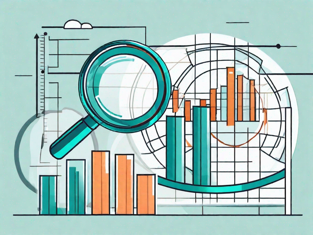 A magnifying glass hovering over a pie chart and a bar graph