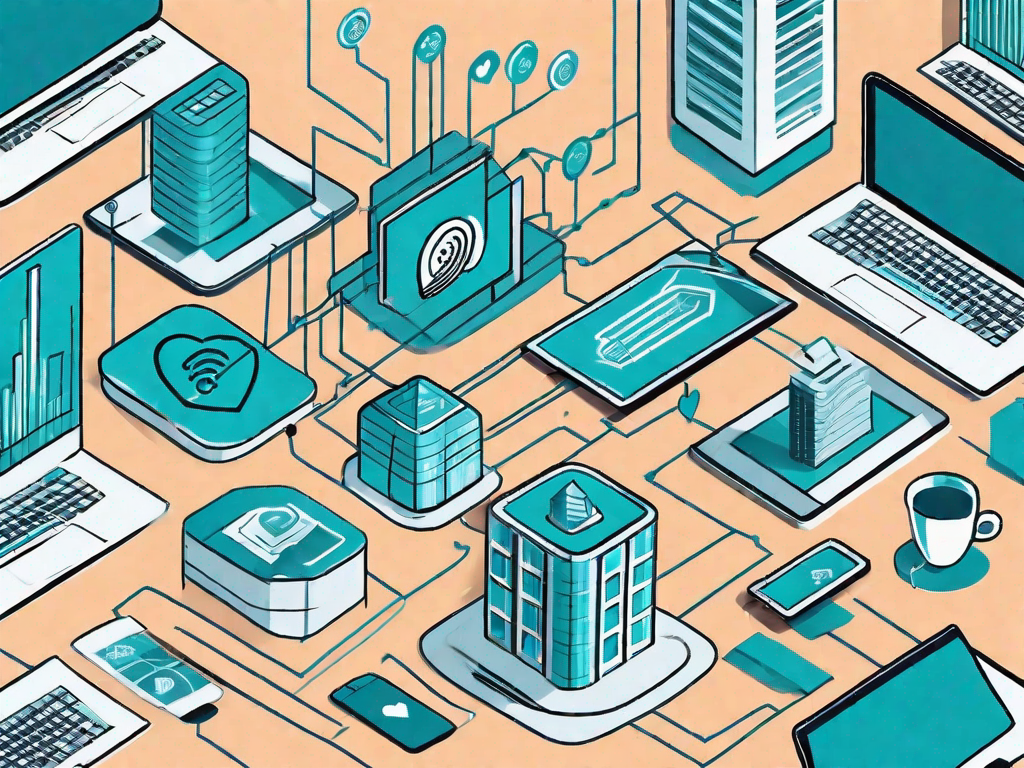 A symbolic representation of a financial building connected to a heart via various technological devices to represent crm in the financial services industry