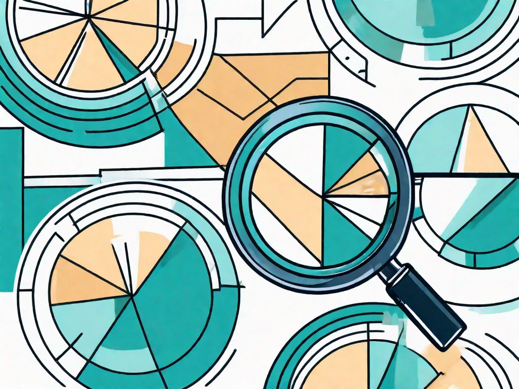 A magnifying glass focusing on a pie chart and bar graphs