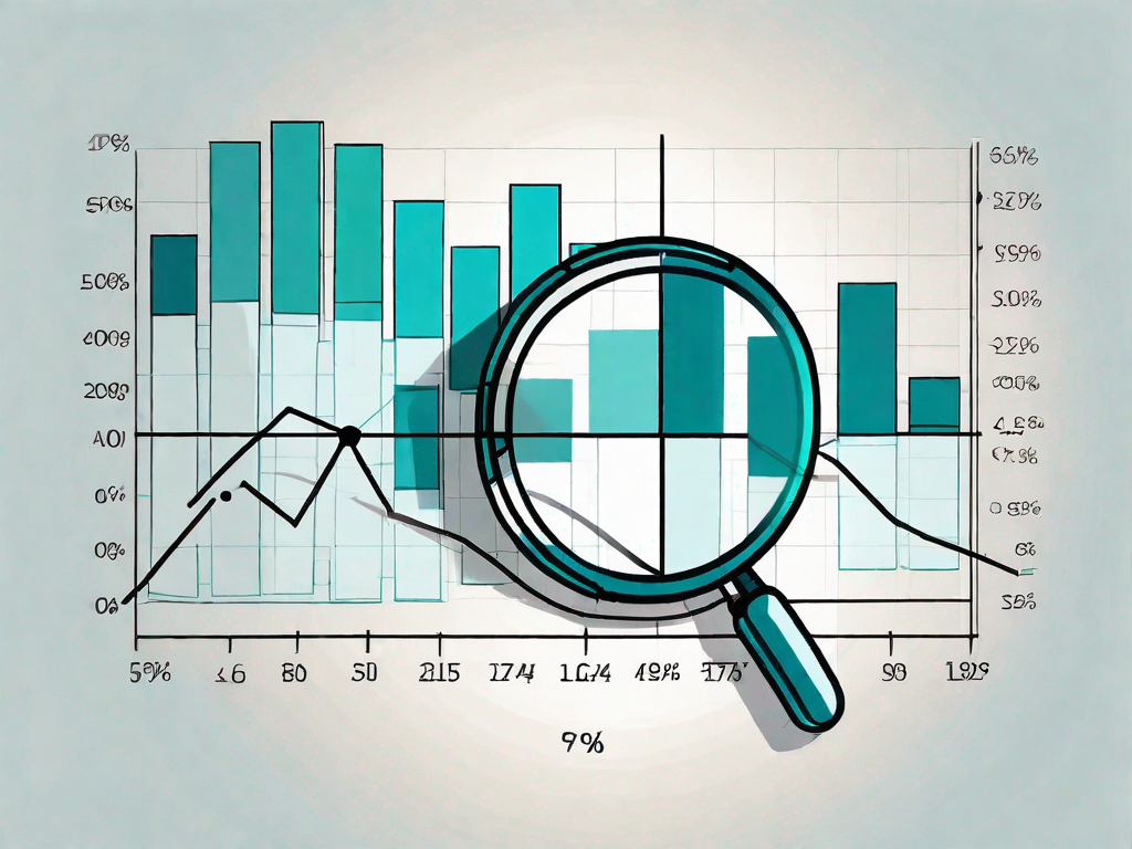 A magnifying glass hovering over a pie chart and a bar graph